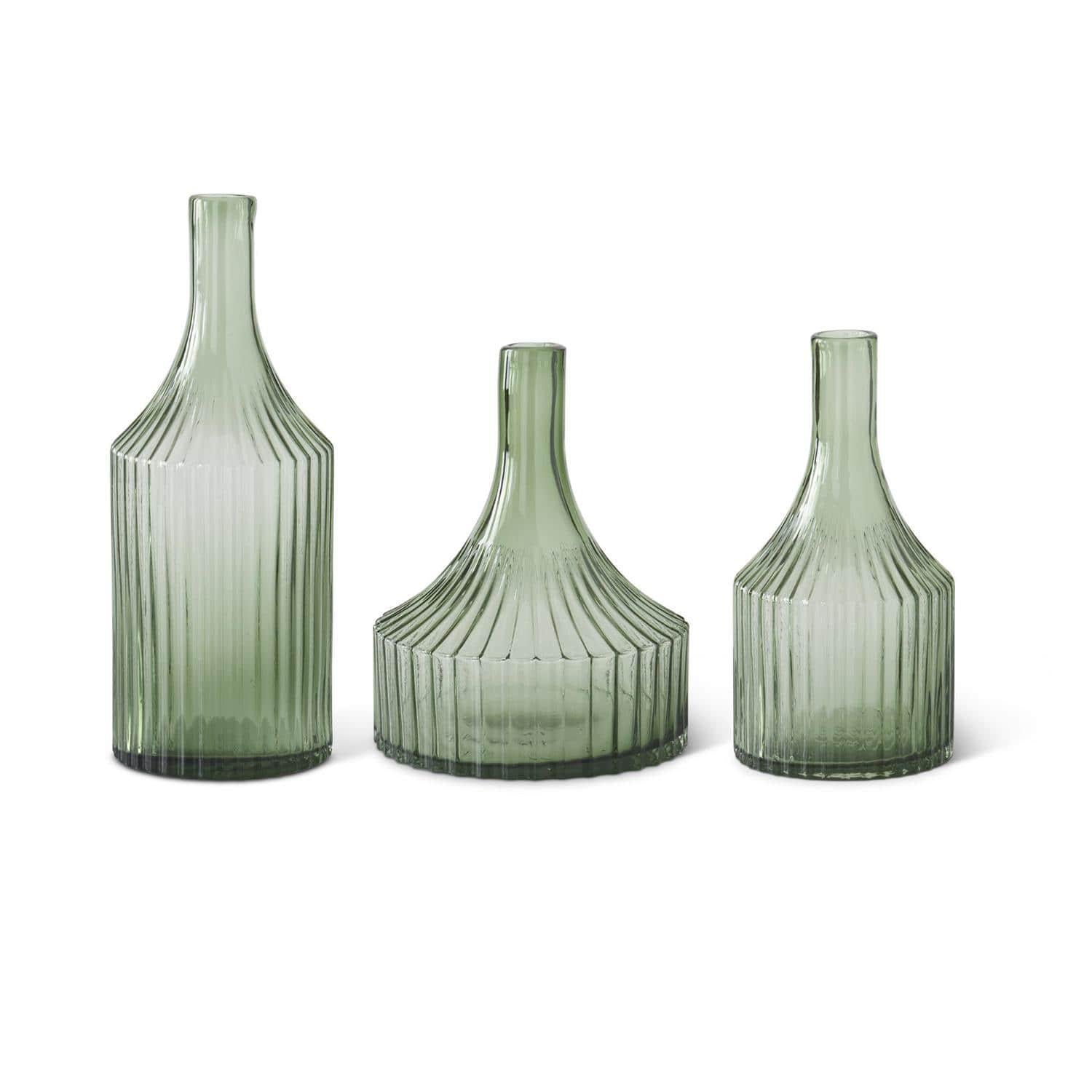 Green Glass Vertical Ribbed Vase